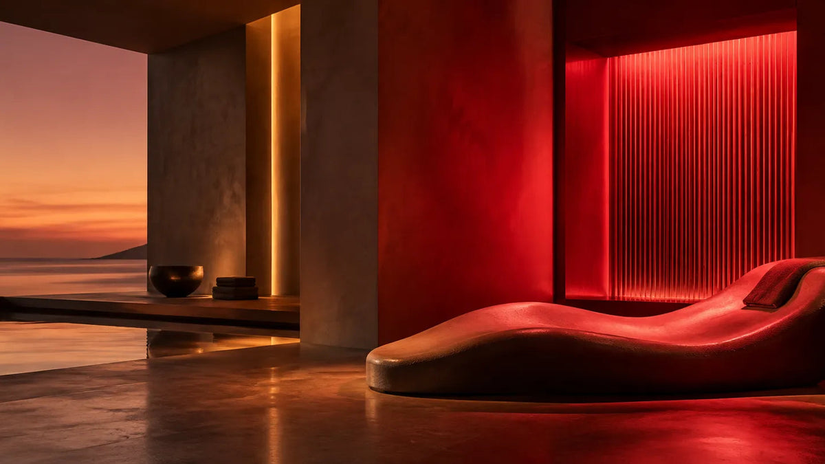 red lighting room with sleek furniture overlooking sunset