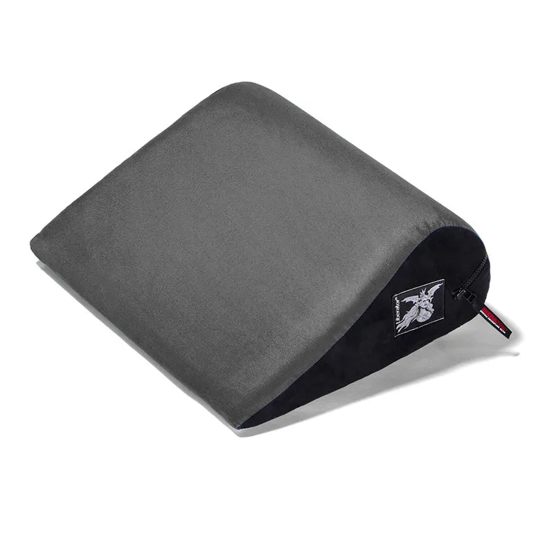 Gray pillow with a brand logo on a white background