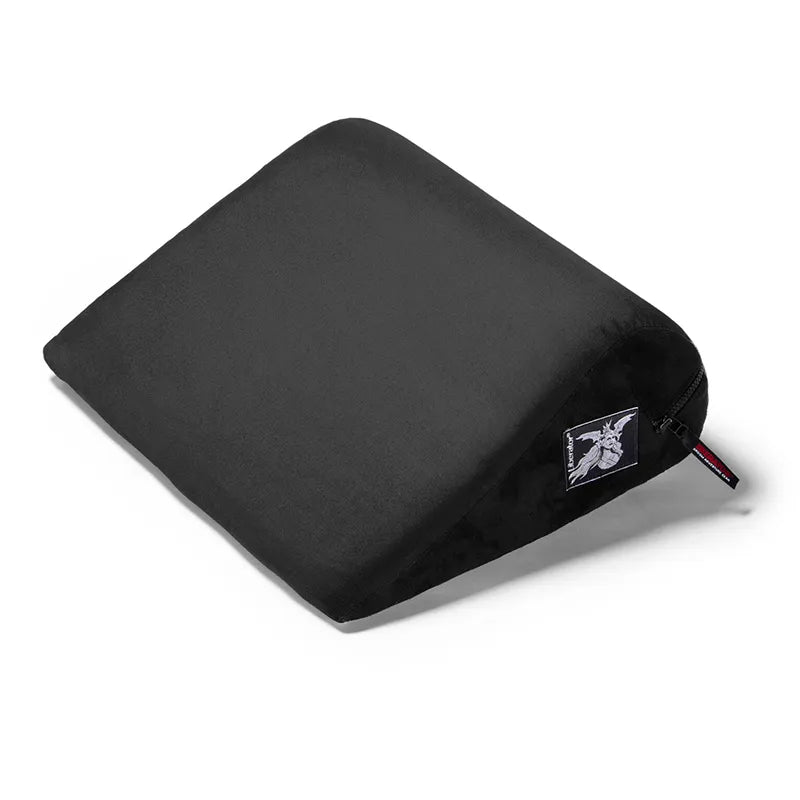 Black pillow with a brand logo on a white background