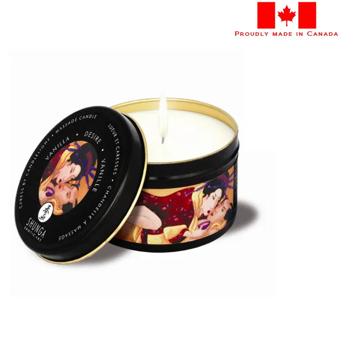 Candle in a decorative tin with artistic design, 'Shunga' branding, and 'Proudly made in Canada' text.