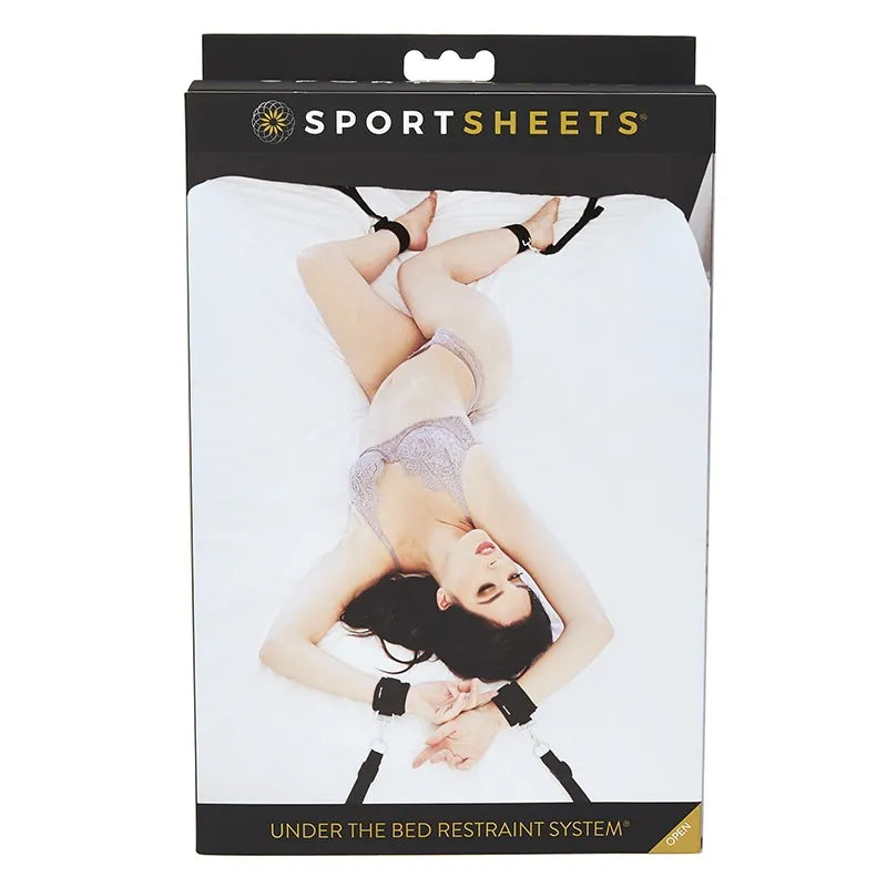 Package of Sportsheets under-the-bed restraint system with a model on the box.