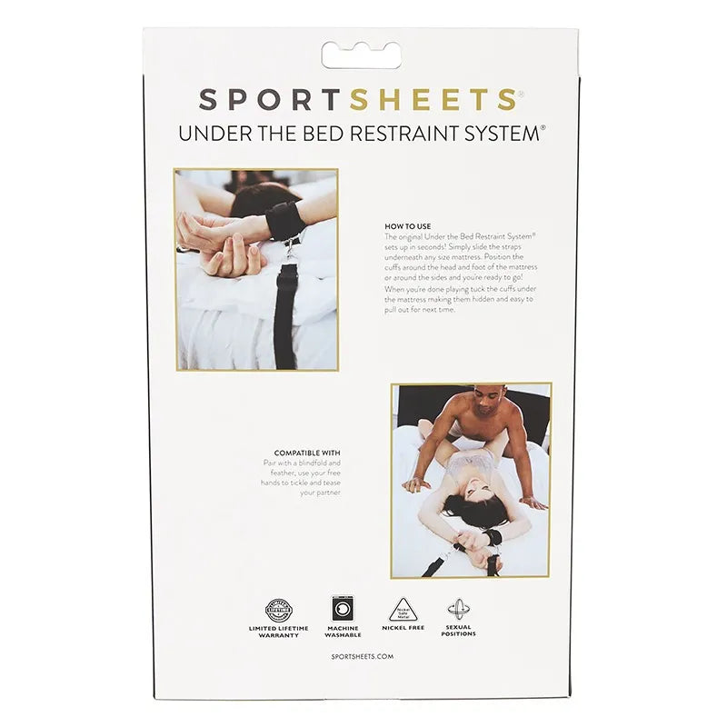The back of the SPORTSHEETS Under the Bed Restraint System packaging, featuring product information, compatibility details, and instructional images on a white background.