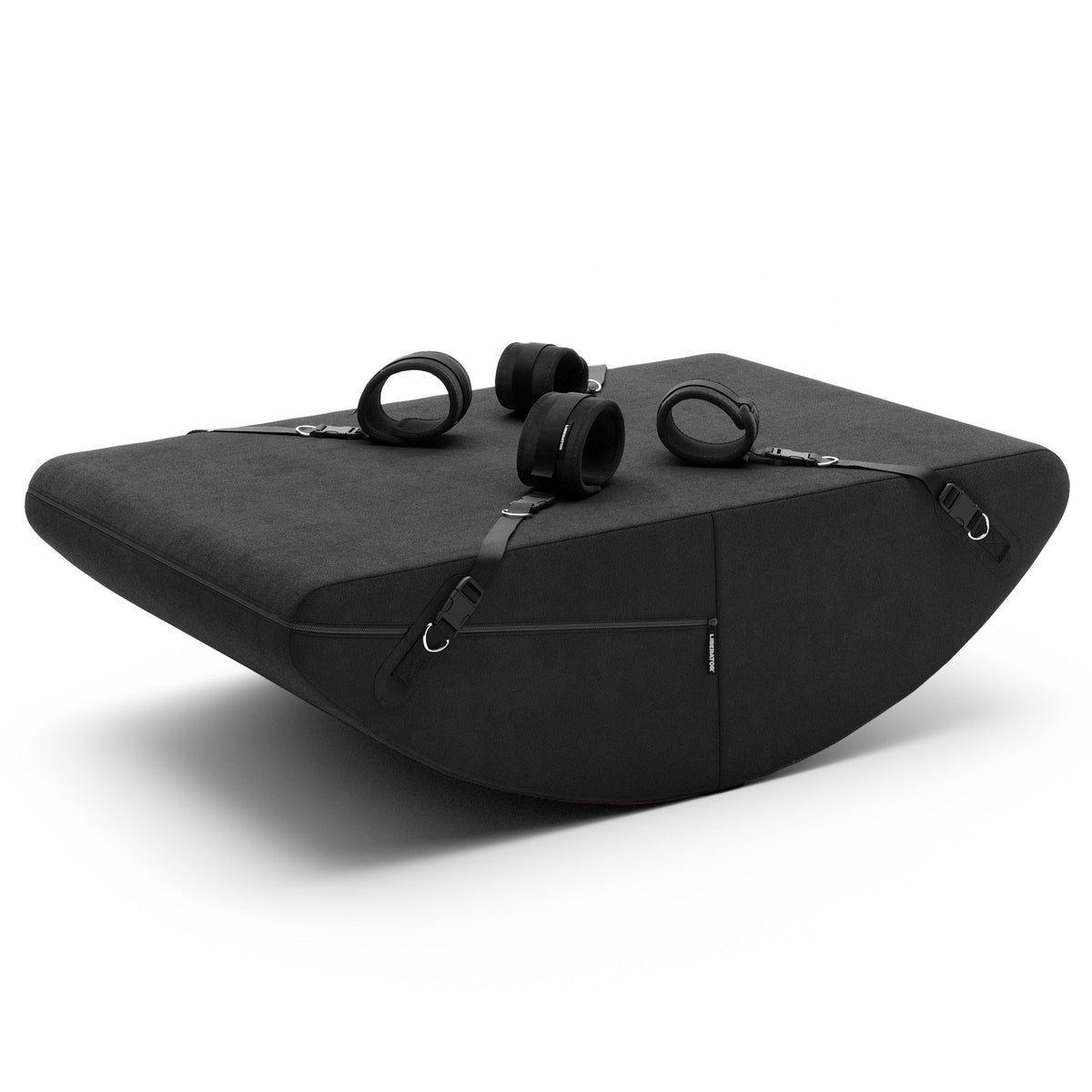Black cushion seat with attached straps on a white background