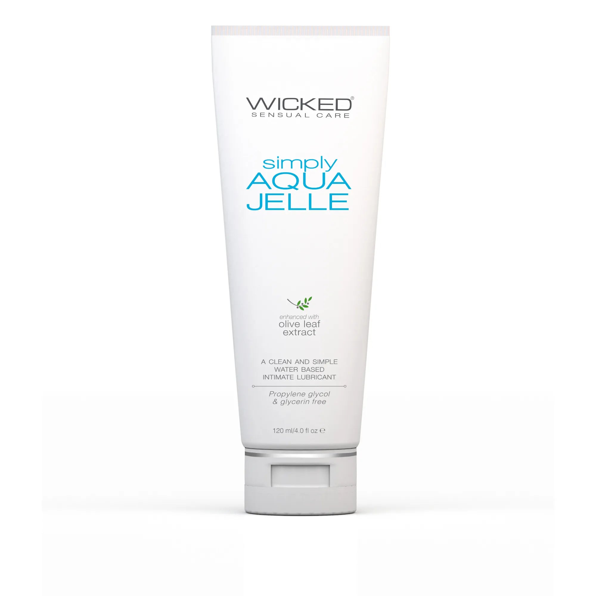 A white squeeze tube of Wicked Personal Care Simply Aqua Jelle intimate lubricant, featuring blue and green text, set against a plain white background.