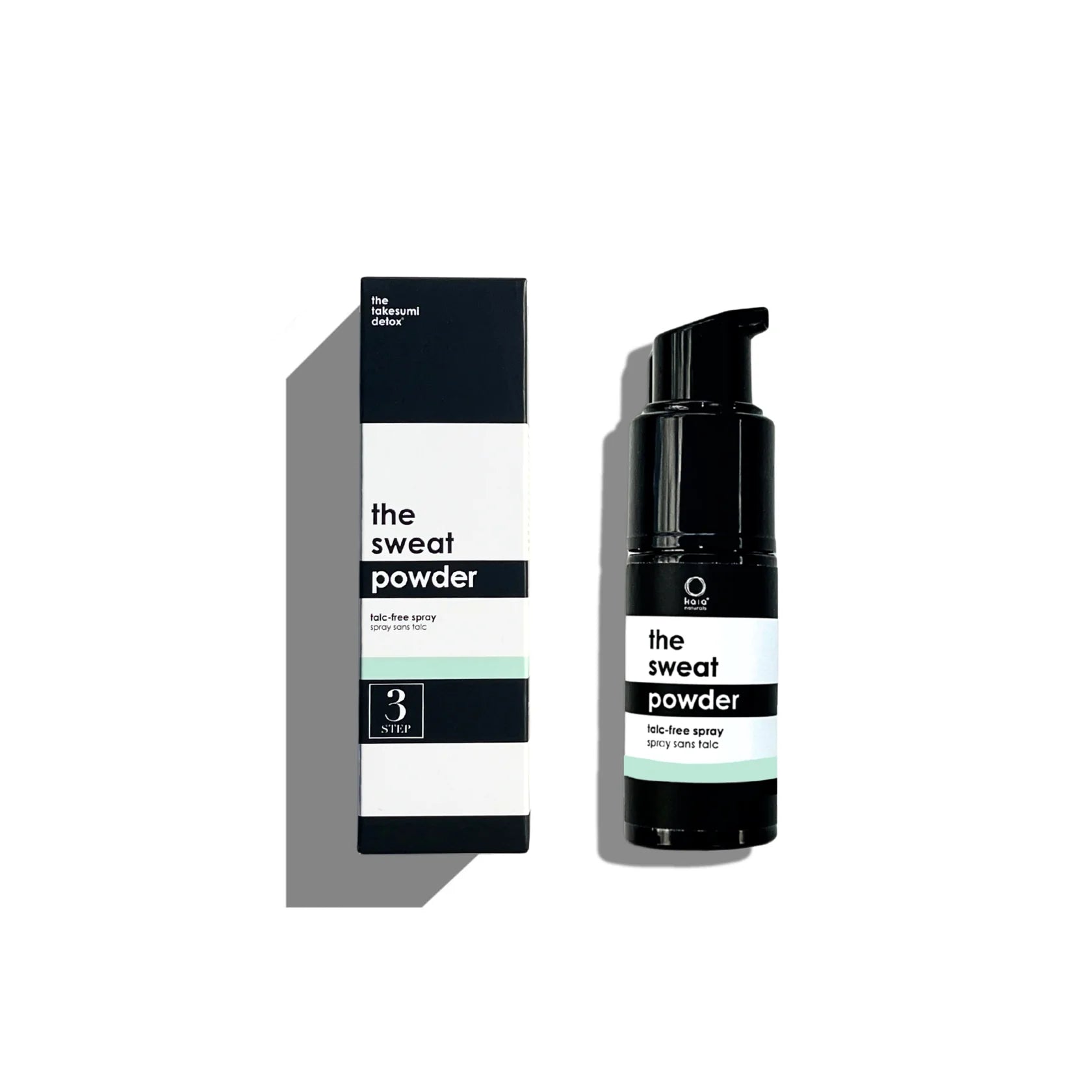 Black bottle and packaging labeled 'the sweat powder' on a white background