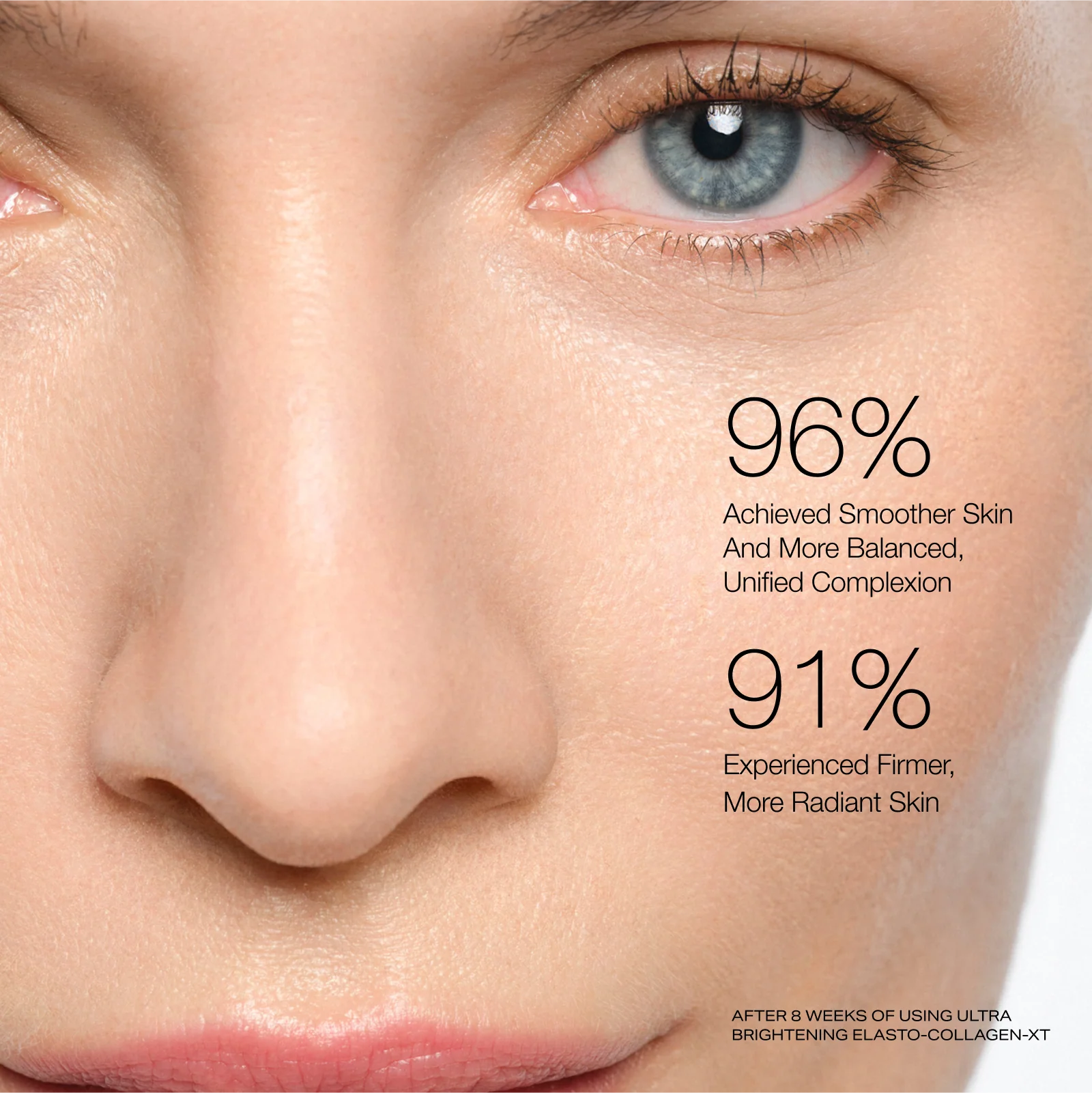 Close-up of a person's eye with skincare benefits text overlay