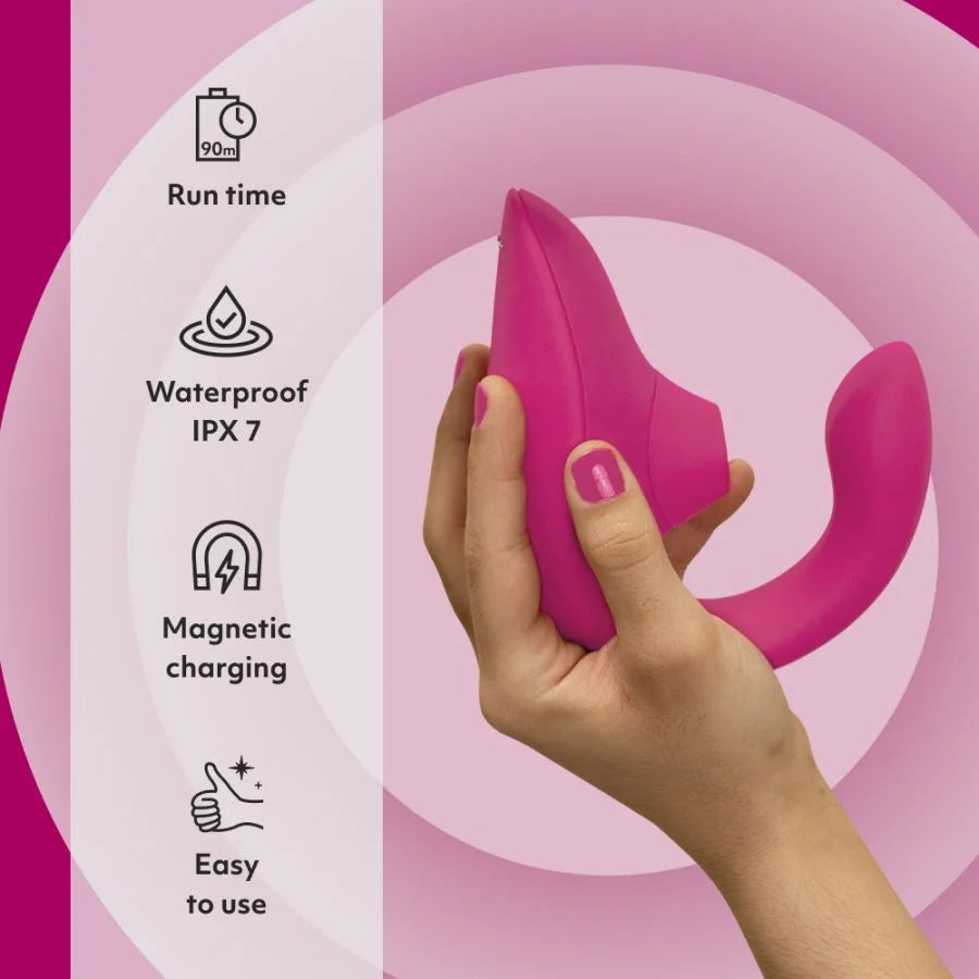 Pink handheld device held by a hand with features listed on the left on a pink background