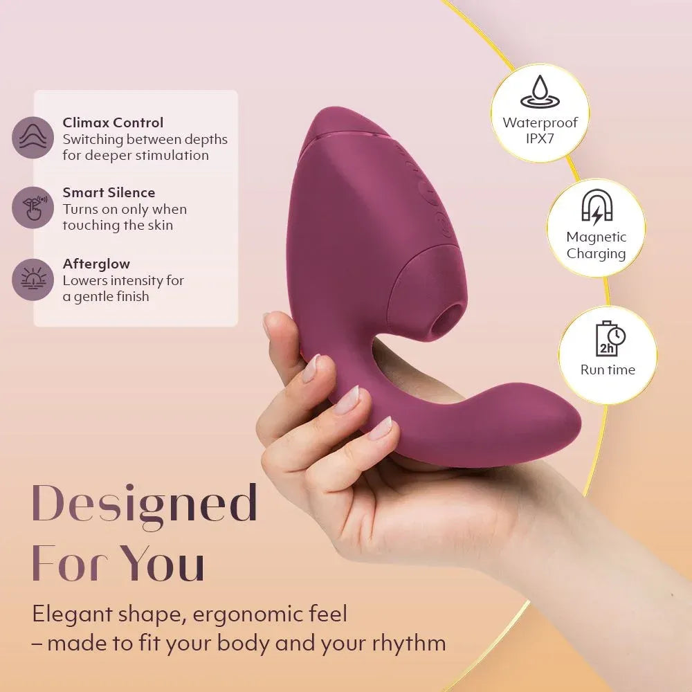 Purple electronic device held in a hand with features listed on a pink background