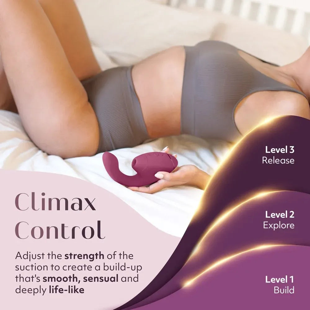 A person reclining on a bed while holding a small suction-style intimate massager. The scene includes overlaid marketing text reading 'Climax Control' and level labels 'Level 1 Build,' 'Level 2 Explore,' and 'Level 3 Release.