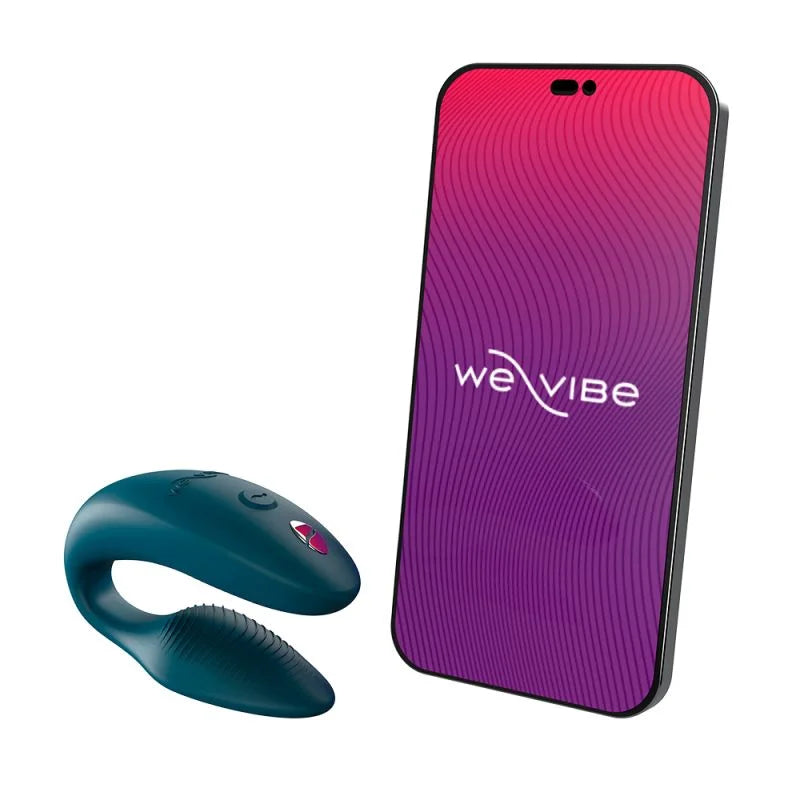 Phone with a gradient design and a blue device on a white background, featuring the 'weVibe' brand.